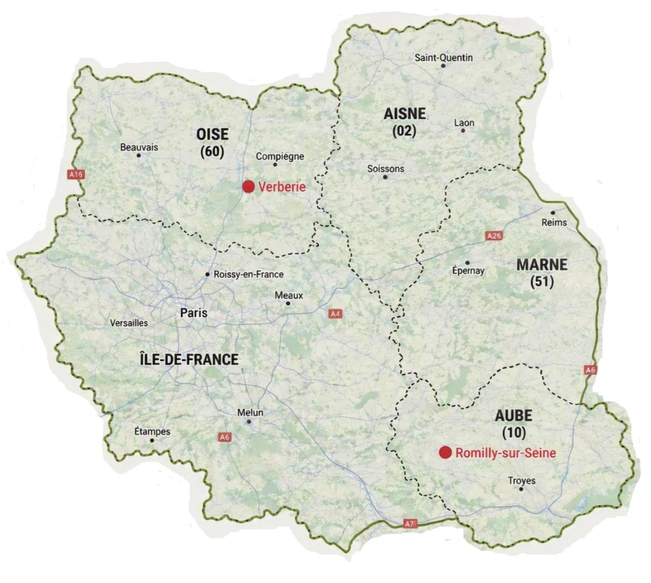 Carte des zones d'intervention de Rinaldo Solutions : Oise, Aisne, Marne, Aube, Seine-et-Marne